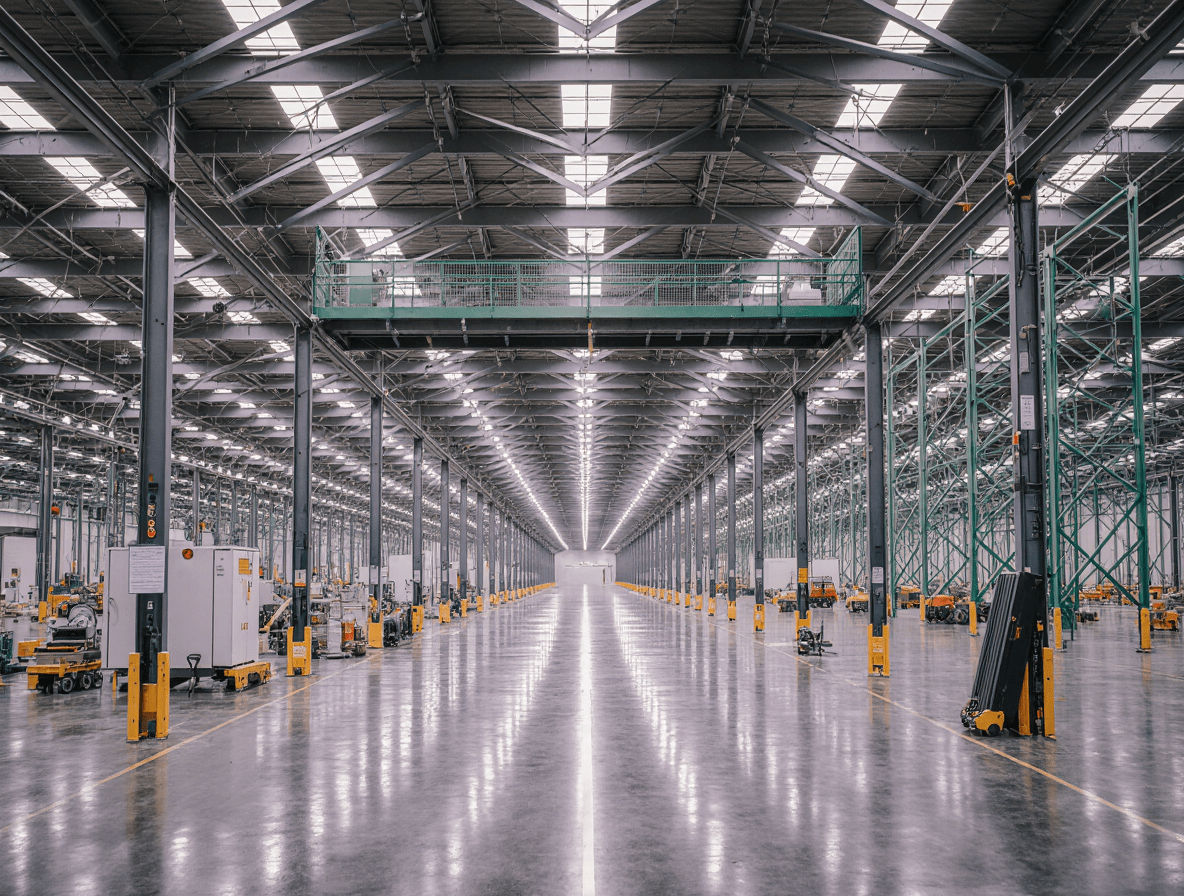 Interior view of IntracoPallet's high-tech warehouse featuring spacious aisles, steel support structures, and industrial storage systems under bright ceiling lights.