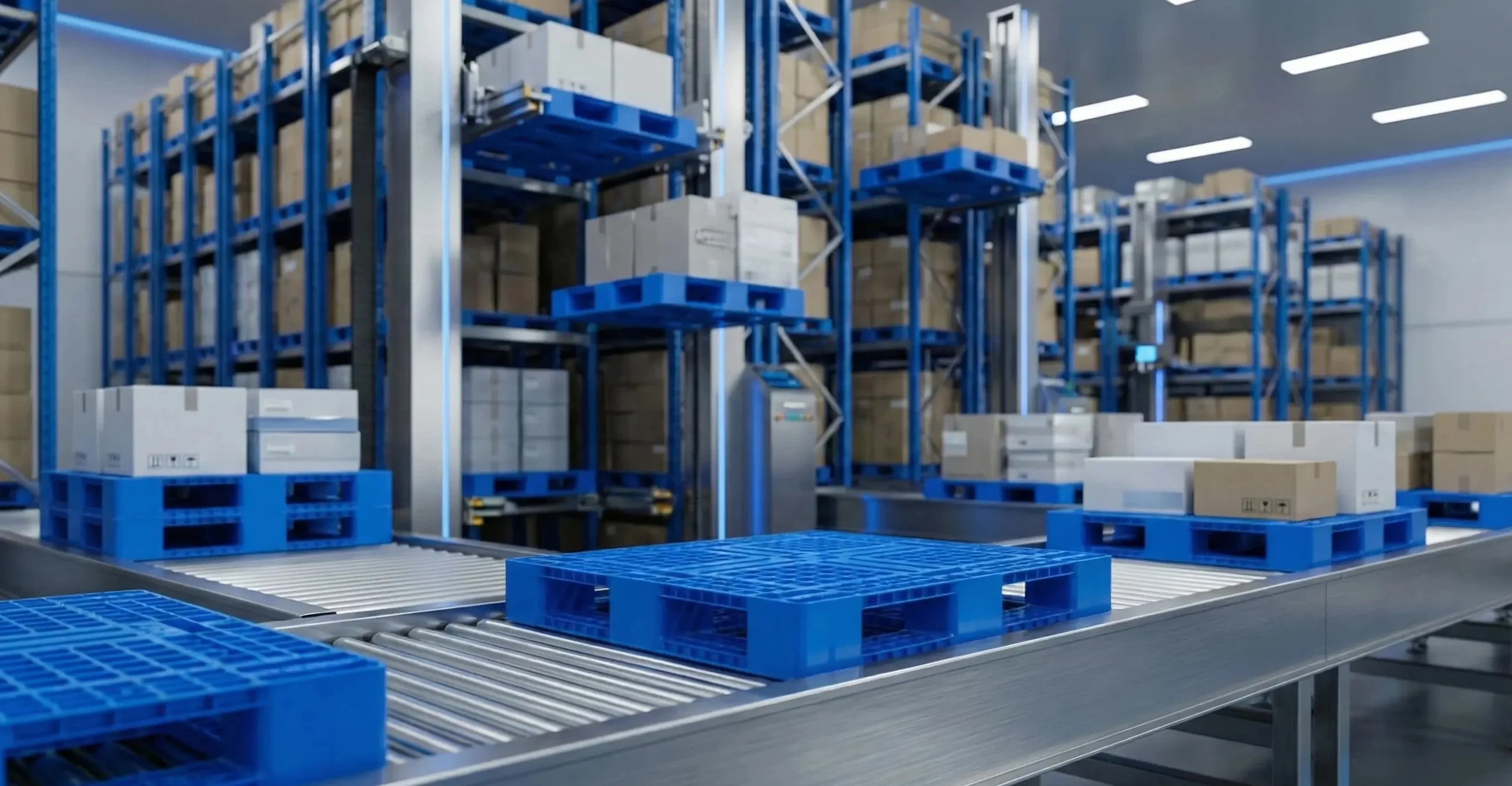 ntracoPallet plastic pallets in a modern automated warehouse, supporting efficient material handling and storage operations.