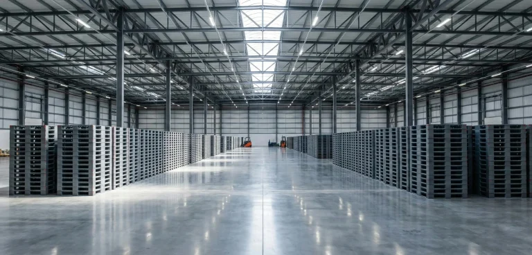 IntracoPallet pallets neatly stacked inside a large industrial warehouse, designed for high capacity storage and logistics efficiency.